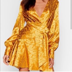 Nasty Gal Jacquard Gold/Yellow Wrap Asymmetric Mini Dress